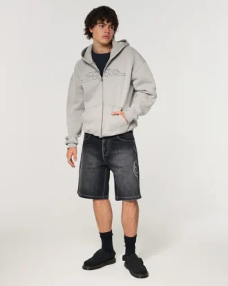 Baggy denimshorts med dobbeltgrafik
