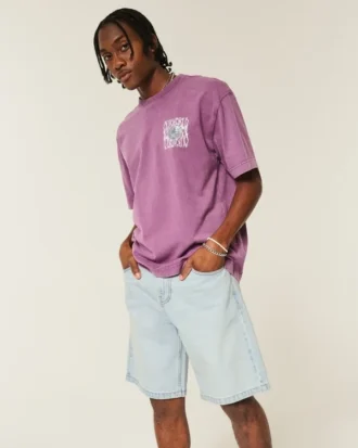 Baggy denimshorts med kædebroderi