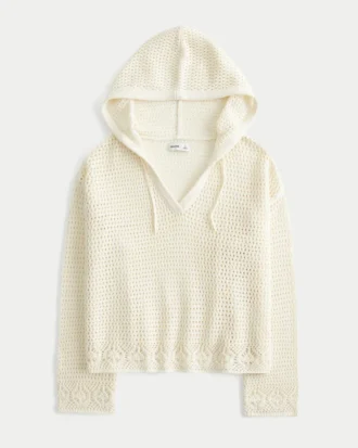 Beachy hæklet sweater med hætte og V-hals