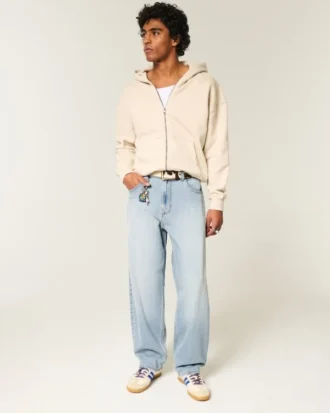 Broderede lysvaskede skaterbaggy jeans