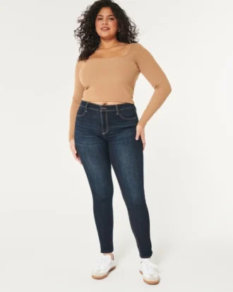 Curvy højtaljede jeansleggings i mørk vask