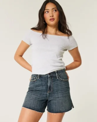 Curvy højtaljede, mørkvaskede, afslappede denimshorts 5″