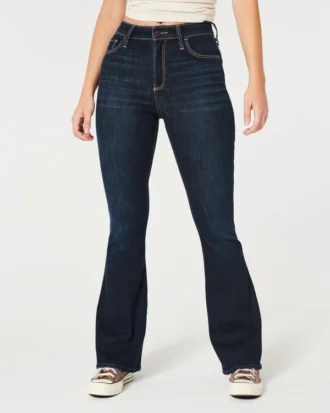 Curvy højtaljede mørkvaskede flare jeans