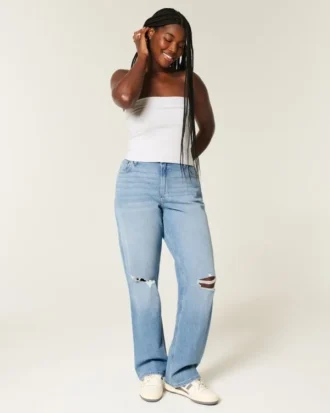 Curvy højtaljede ripped medium wash dad jeans
