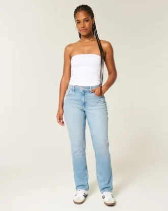 Curvy højtaljede, slidte, lysvaskede, lige jeans
