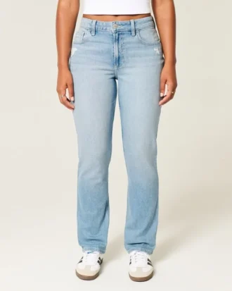 Curvy højtaljede, slidte, lysvaskede, lige jeans