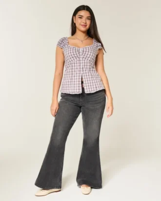 Curvy højtaljede, vasket sorte flare-jeans