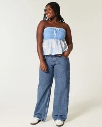 Curvy lavtaljede baggy jeans i medium vask