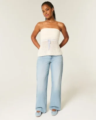 Curvy lavtaljede baggy jeans med distressed look