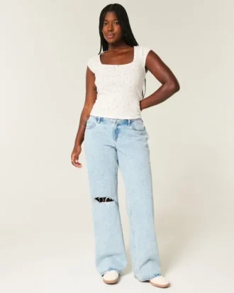 Curvy lavtaljede, slidte, lyse, baggy jeans