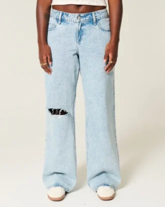 Curvy lavtaljede, slidte, lyse, baggy jeans