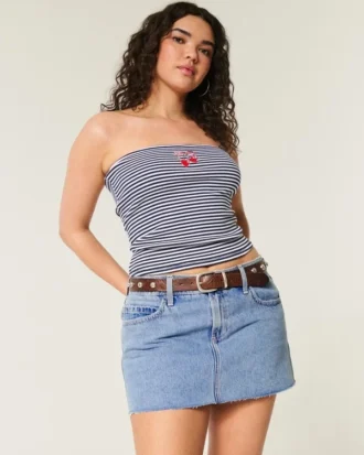 Curvy lavtaljet mini-skort i mediumvasket denim