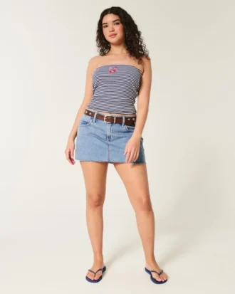 Curvy lavtaljet mini-skort i mediumvasket denim