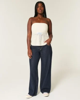 Curvy lavtaljet mørkvasket foldbar baggy jeans