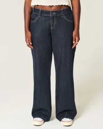 Curvy lavtaljet mørkvasket foldbar baggy jeans