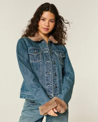 Denimjakke med imiteret pelskant