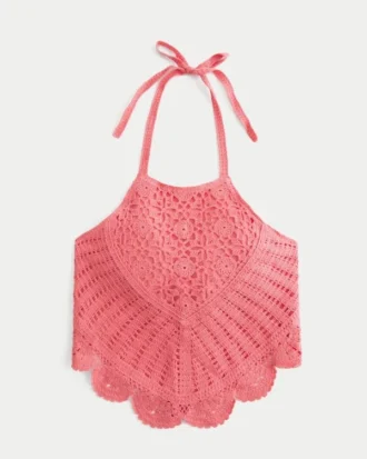 Hæklet tank top med høj hals og åben ryg
