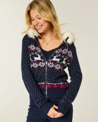 Hættetrøje med kunstig pels og Fair Isle-låsning