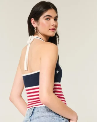 Haltertop i hæklet stil med amerikansk flagmønster