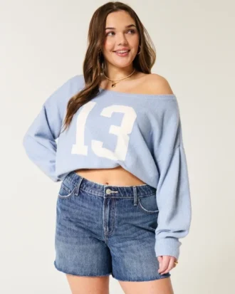 Højtaljede, mørkeblå, afslappede denimshorts 5″