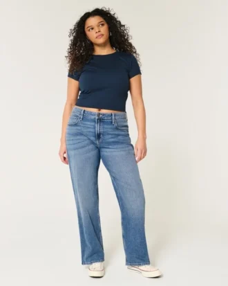 Højtaljede mørkvaskede dad jeans