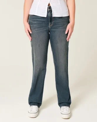 Højtaljede, mørkvaskede jeans med lige ben