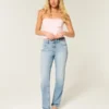 Højtaljede, slidte, lysvaskede jeans med lige ben Højtaljede, slidte, lysvaskede jeans med lige ben