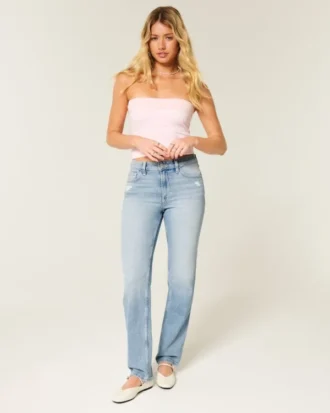 Højtaljede, slidte, lysvaskede jeans med lige ben
