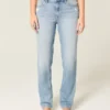 Højtaljede, slidte, lysvaskede jeans med lige ben Højtaljede, slidte, lysvaskede jeans med lige ben