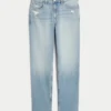 Højtaljede, slidte, lysvaskede jeans med lige ben Højtaljede, slidte, lysvaskede jeans med lige ben