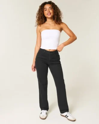 Højtaljede sorte straight jeans