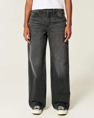 Højtaljede, vasket sorte baggy jeans