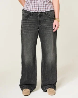 Justerbar talje Lavtaljet vasket sort baggy jeans