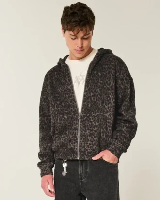 Kasseformet hættetrøje med lynlås og leopardprint