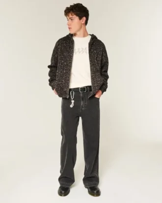 Kasseformet hættetrøje med lynlås og leopardprint