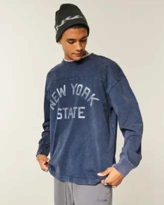 Kasseformet, kraftig langærmet T-shirt med New York State-grafik Kasseformet, kraftig langærmet T-shirt med New York State-grafik