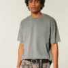 Kasseformet, kraftig, vasket bomulds-T-shirt med rund halsudskæring Kasseformet, kraftig, vasket bomulds-T-shirt med rund halsudskæring