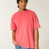 Kasseformet, kraftig, vasket bomulds-T-shirt med rund halsudskæring Kasseformet, kraftig, vasket bomulds-T-shirt med rund halsudskæring