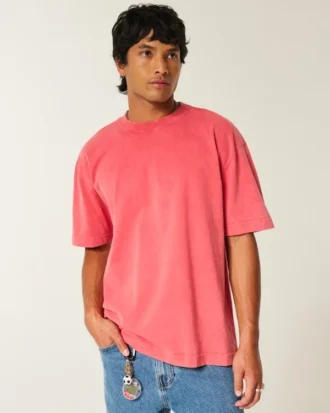 Kasseformet, kraftig, vasket bomulds-T-shirt med rund halsudskæring