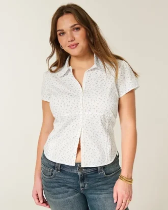 Kortærmet stretch-poplin skjorte med knapper