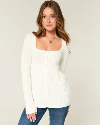 Langærmet babydoll-sweater med firkantet halsudskæring