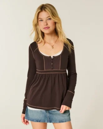 Langærmet Henley Babydoll Top