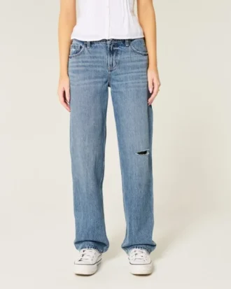 Lavtaljede, løse jeans med medium vask og rips