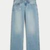 Lavtaljede, lysvaskede baggy jeans med kædebroderi Lavtaljede, lysvaskede baggy jeans med kædebroderi