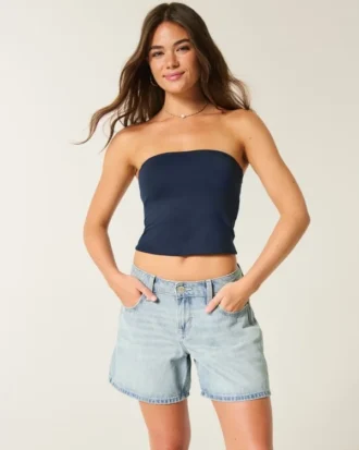 Lavtaljede, lysvaskede, foldede baggy denimshorts 5″ Lavtaljede, lysvaskede, foldede baggy denimshorts 5″