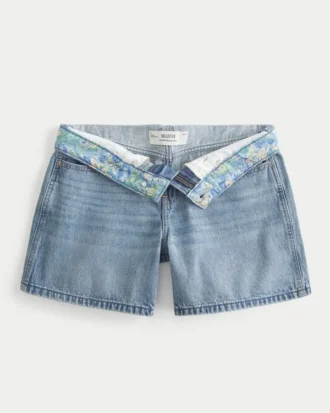 Lavtaljede, mediumvaskede, foldede, baggy denimshorts 5″