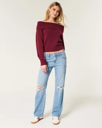 Lavtaljede, rippede jeans i medium vask med afslappet, lige pasform