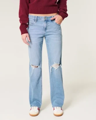 Lavtaljede, rippede jeans i medium vask med afslappet, lige pasform