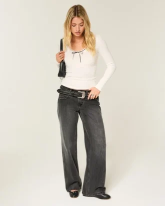Lavtaljede Y2K-vaskede sorte baggy jeans