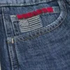 Lavtaljet, mørkvasket baggy jort med amerikansk flag-print Lavtaljet, mørkvasket baggy jort med amerikansk flag-print
